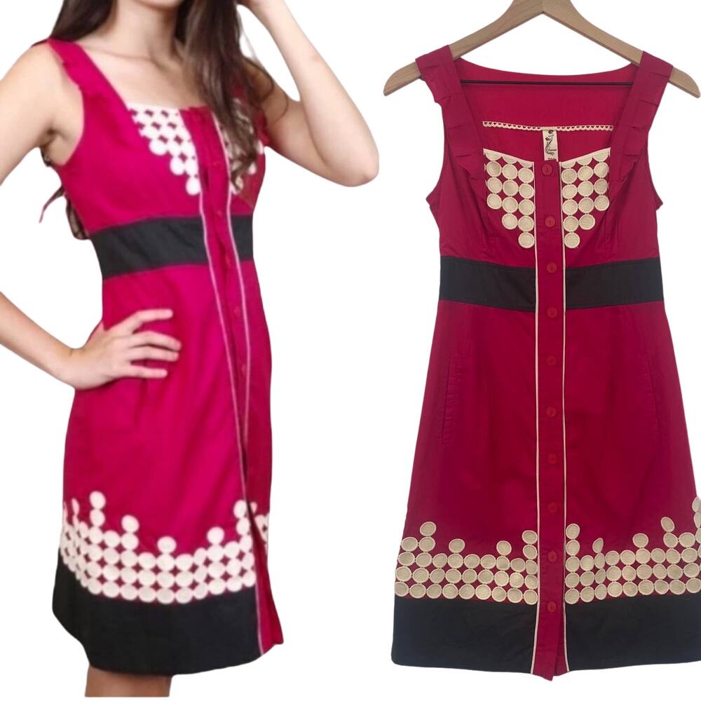 Anthropologie Floreat Mini Dress Cotton Button Up Embellished Ruffled Womens 0